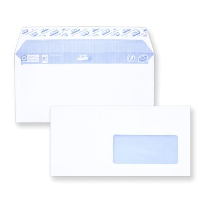 Enveloppes DL-V-W 110×220 mm avec Fenêtre 45×100 mm – Blanc 80 g Auto-Adhésives LOT DE 1000